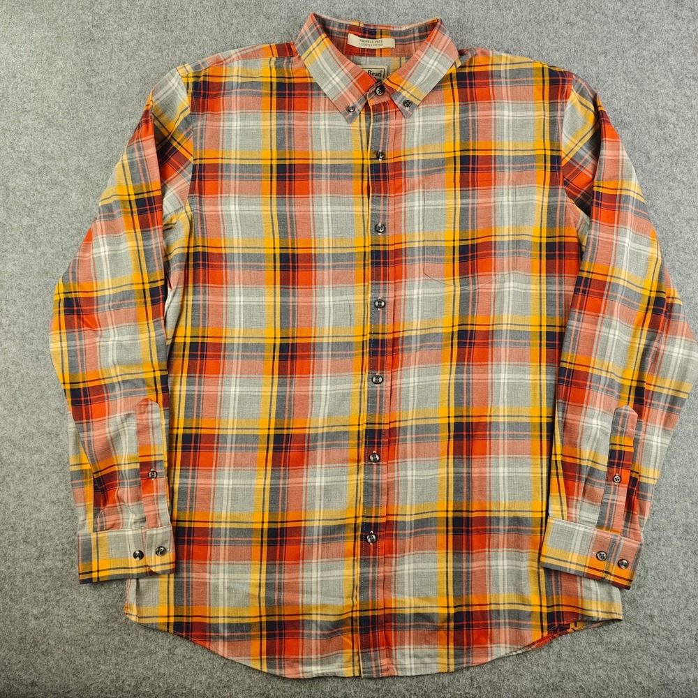 LL Bean Mens Orange Yellow Plaid Wrinkle Free Slightly Fitted Shirt L-REG 298220